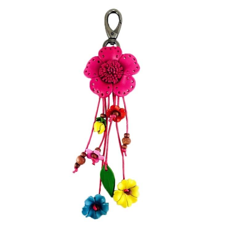 Handmade Keychain Leather Flower Stencil Dark Pink Keyring